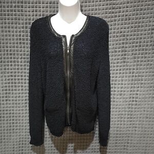 Open Knit Zip Sweater Jacket SzM Navy Faux Leather Thin Chic Punk Rock Witchy